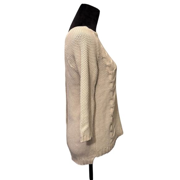 Cynthia Rowley Cream Cable Knit Back Button Sweater 3/4 Sleeve Size Small Preppy - Picture 3 of 13